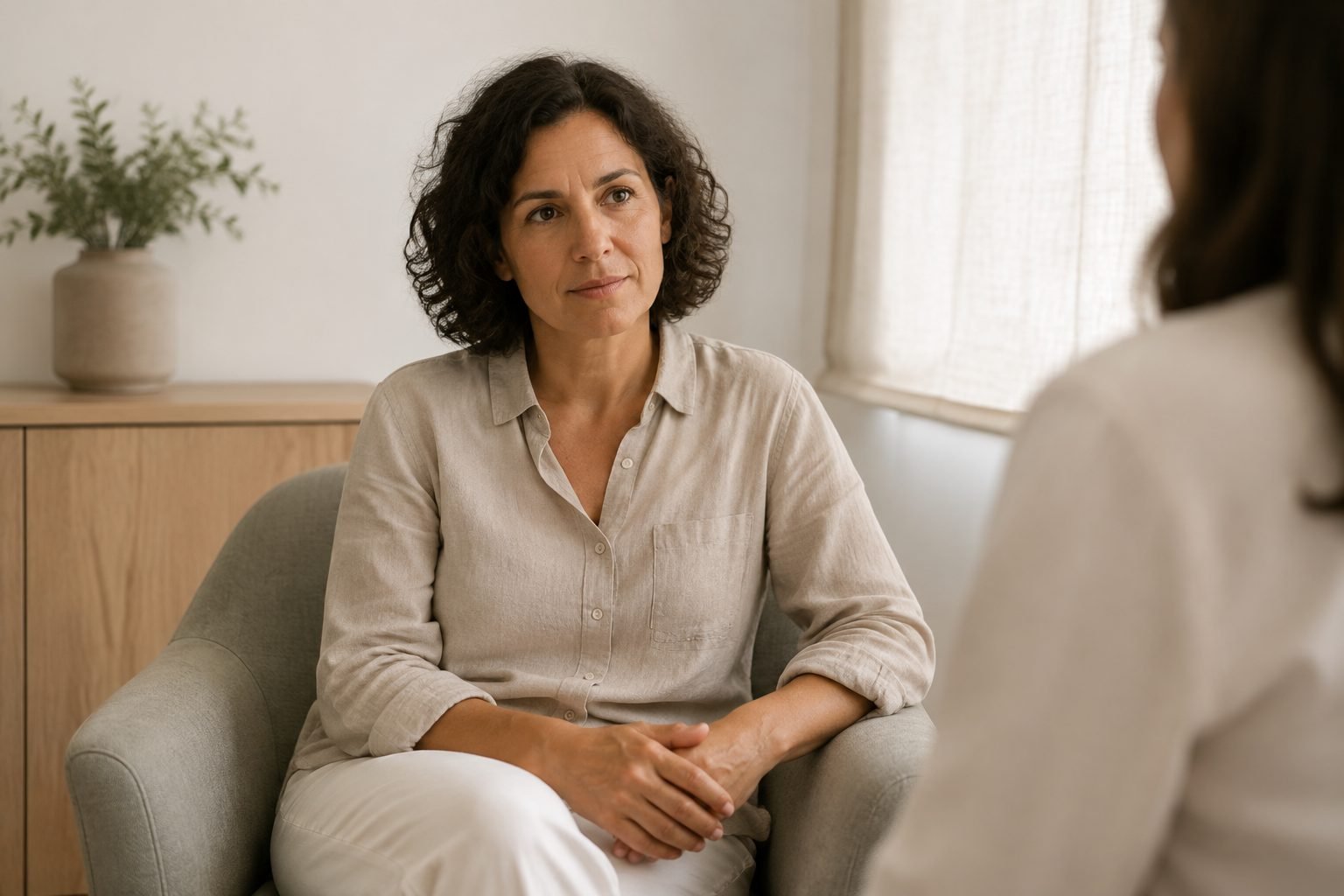 Mujer escuchando durante una consulta ginecológica; escena ilustrativa