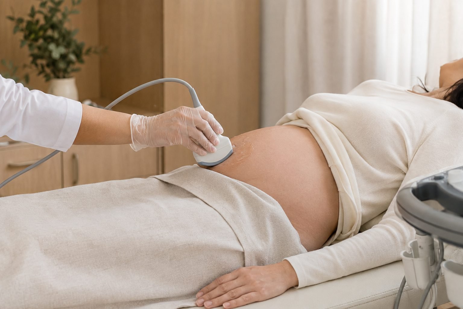 Detalle de una ecografía abdominal durante el embarazo; escena ilustrativa