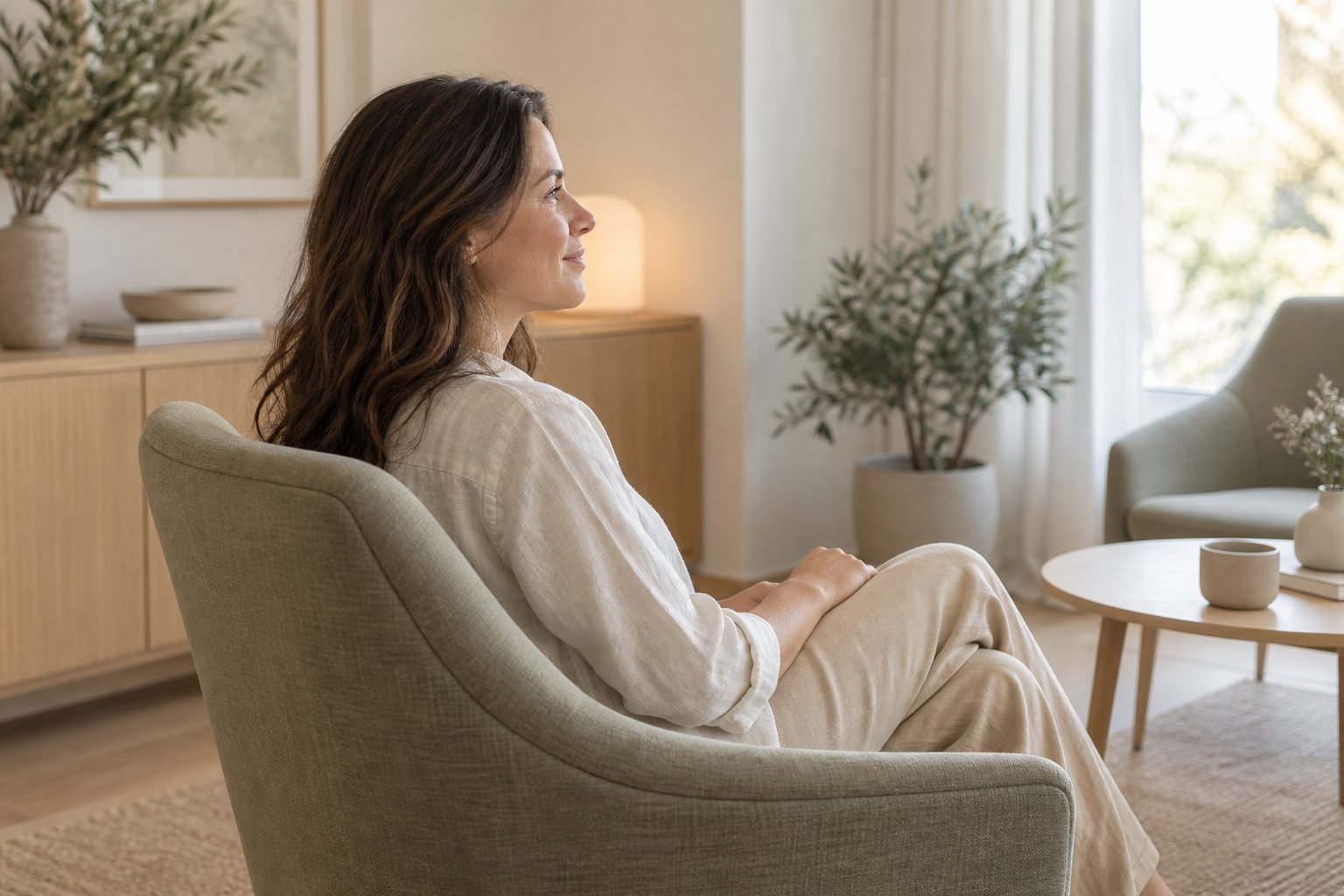 Mujer sentada de perfil en una consulta luminosa; escena ilustrativa de atención ginecológica