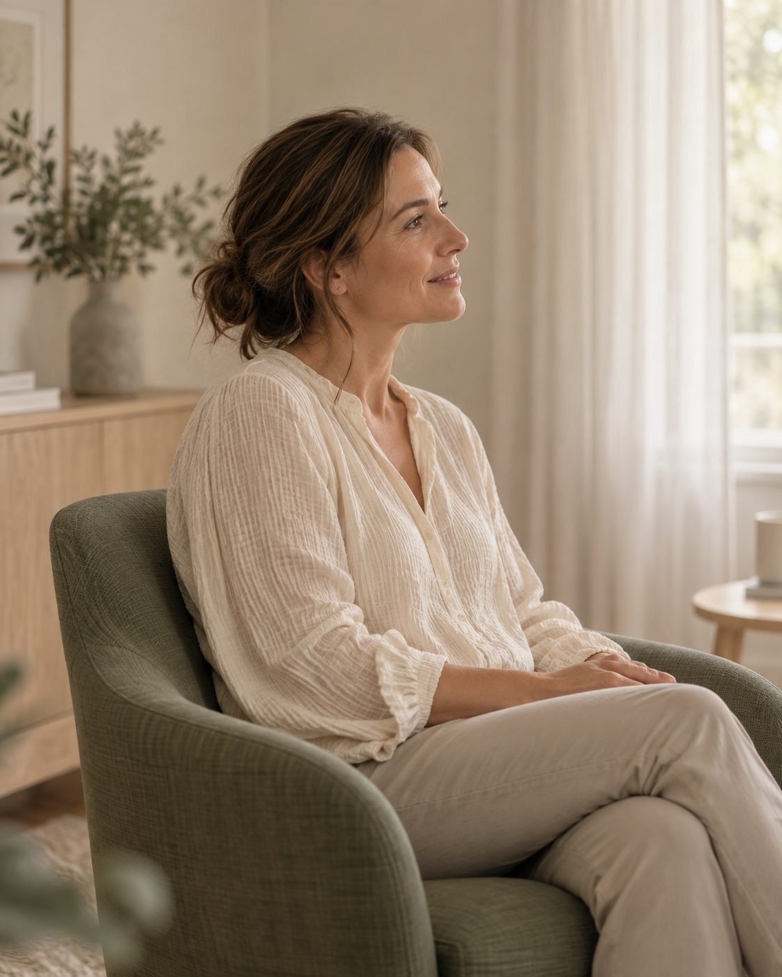 Mujer escuchando en una consulta de salud ginecológica, en un entorno de luz natural; escena ilustrativa