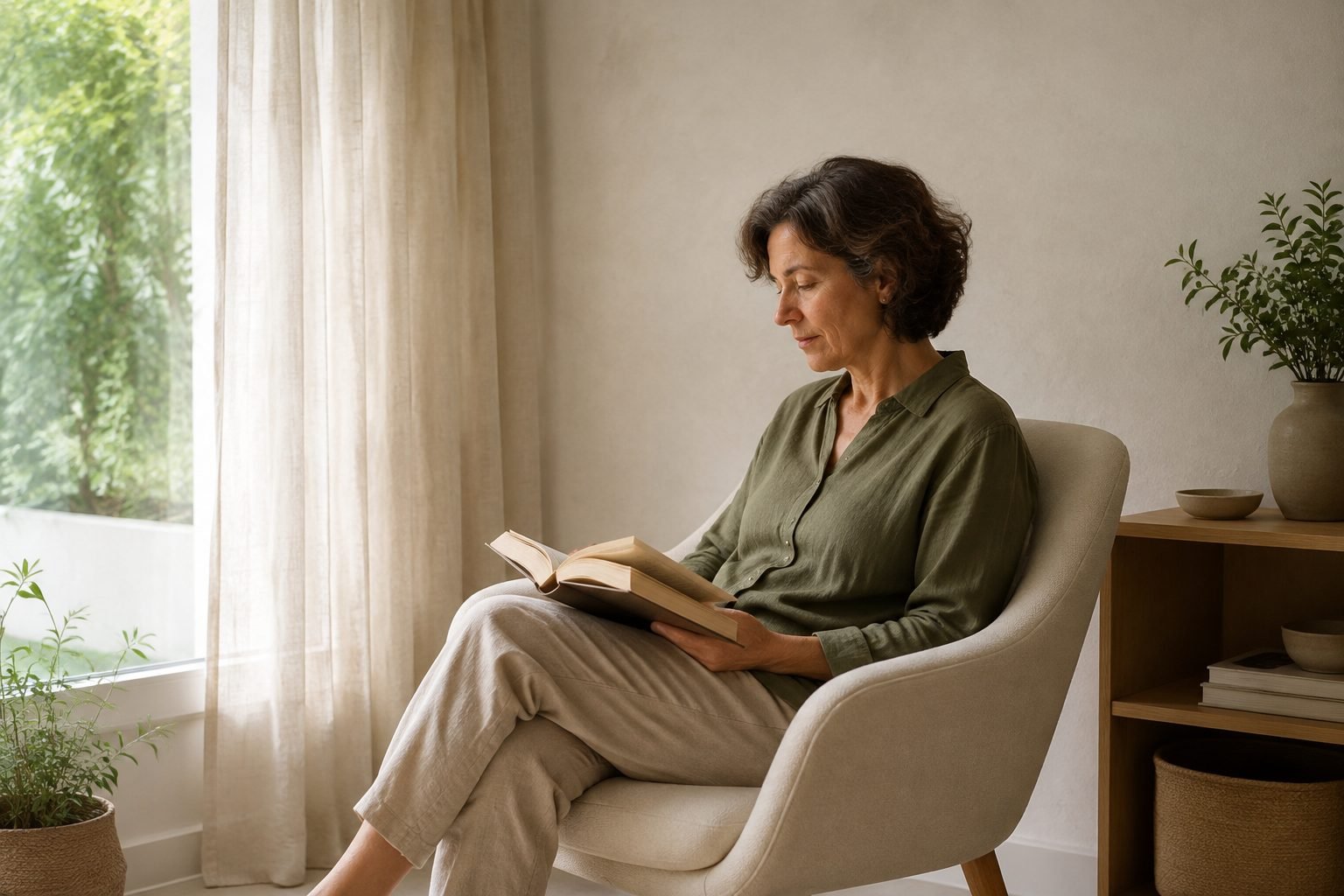 Mujer adulta leyendo junto a una ventana; escena ilustrativa de bienestar en la madurez