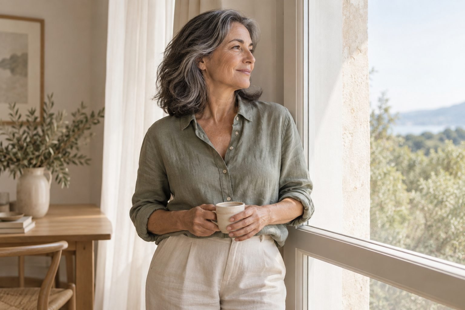 Mujer en la madurez junto a una ventana con una taza entre las manos; escena ilustrativa