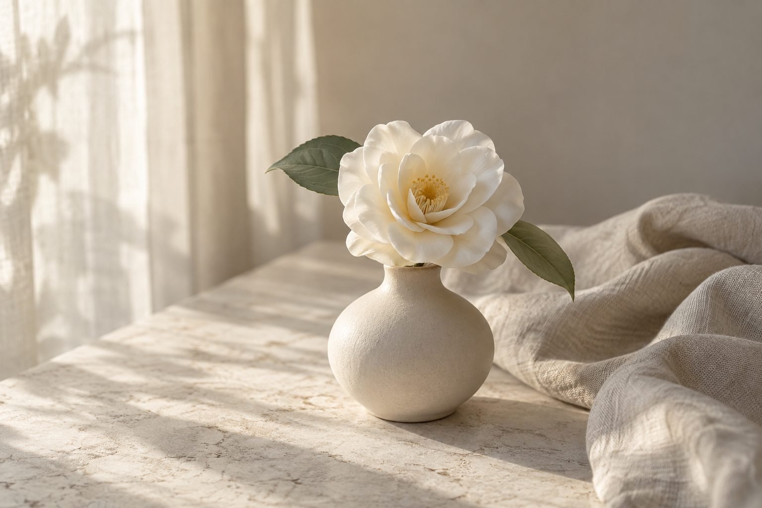 Flor blanca en un jarrón de cerámica sobre piedra clara y lino; imagen editorial
