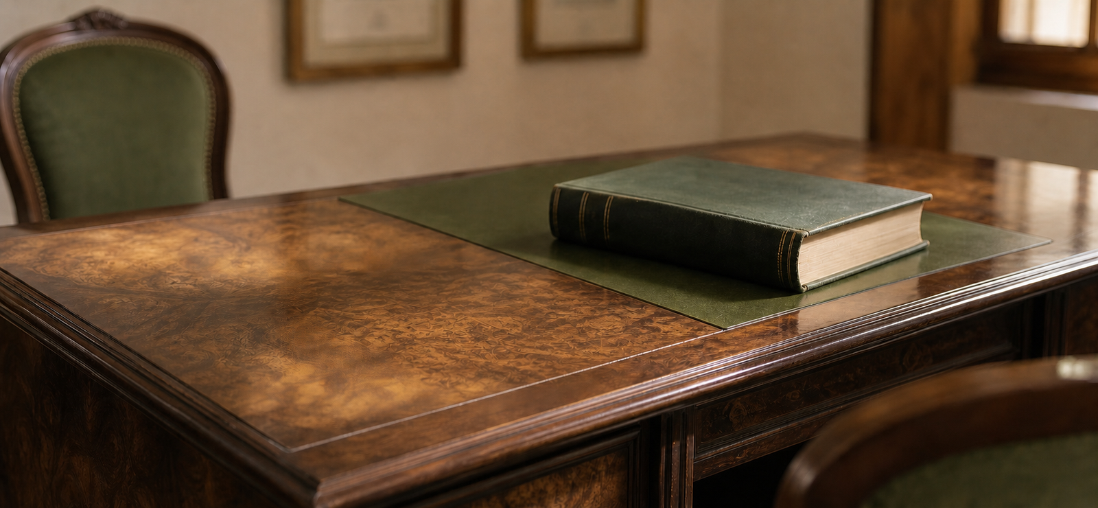 Mesa de despacho médico con un libro sobre el vade verde