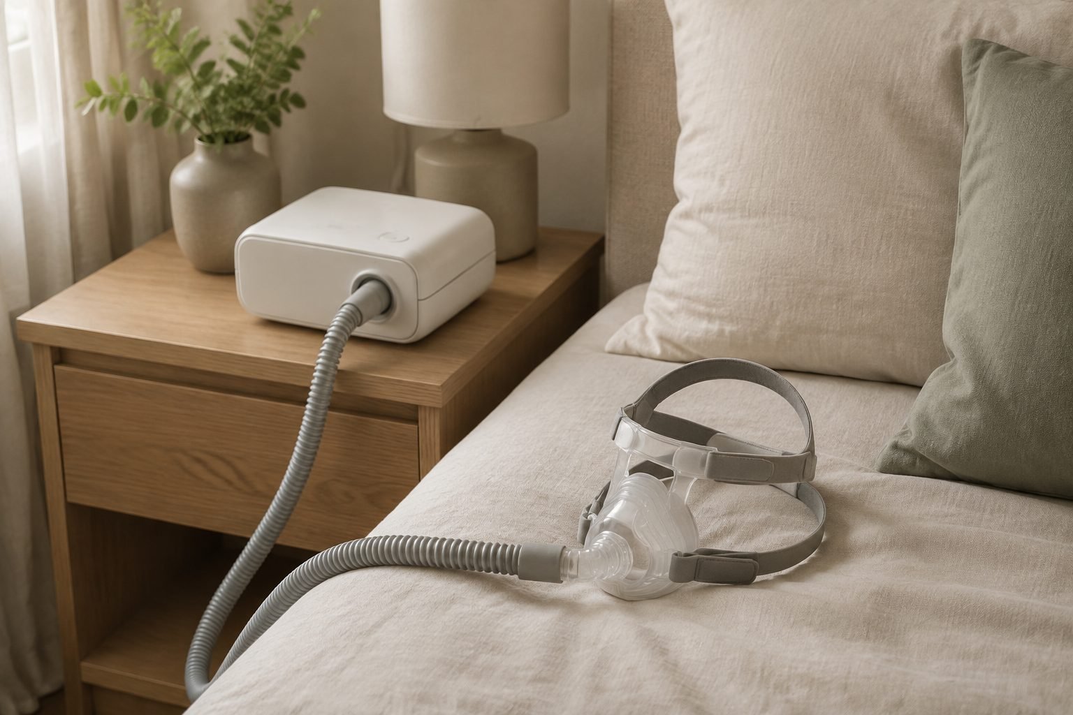 Equipo de presión positiva y mascarilla junto a una cama; escena ilustrativa