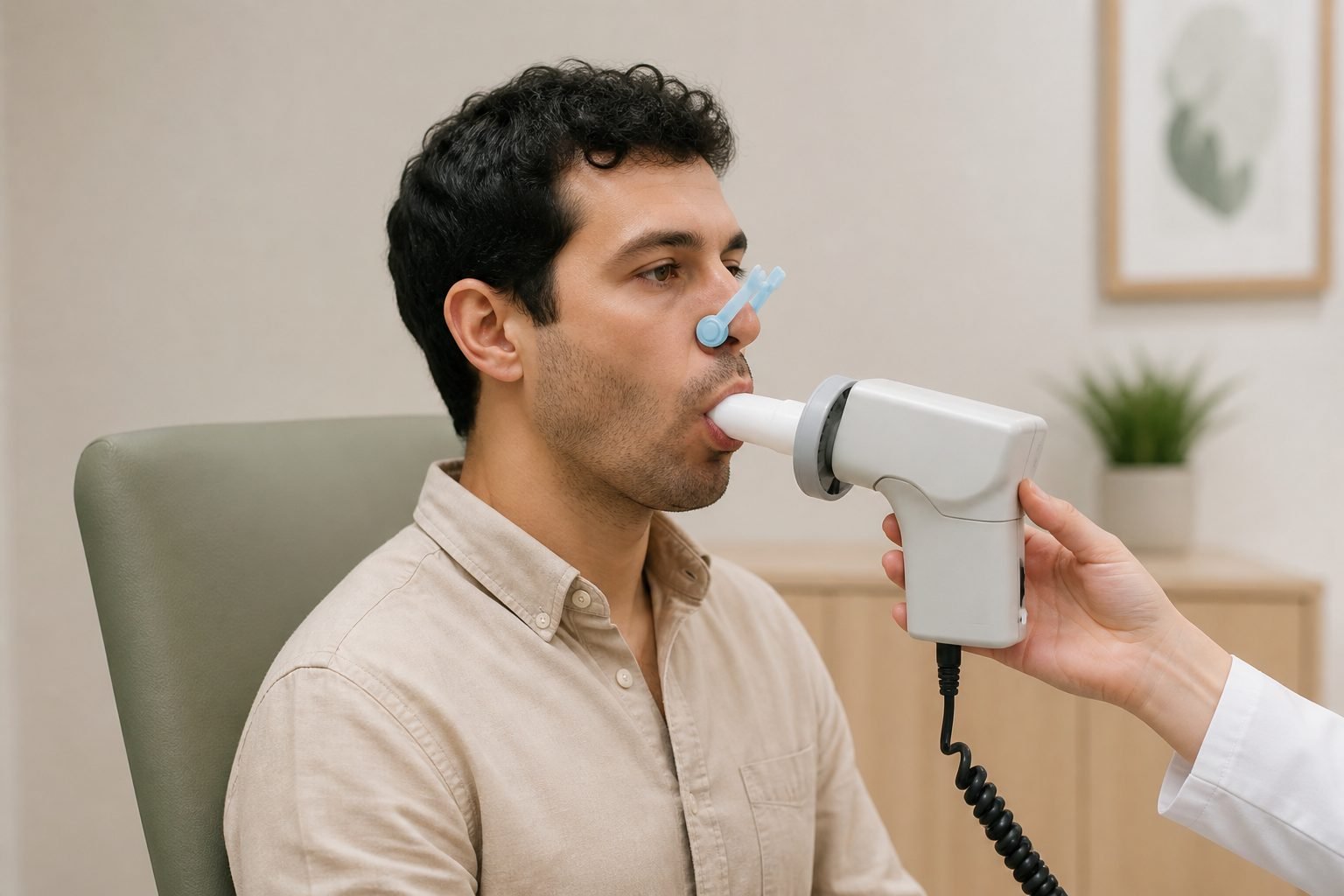 Hombre joven realizando una espirometría en consulta; escena ilustrativa
