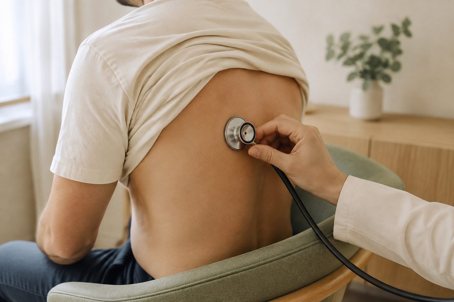 Detalle de una auscultación respiratoria en consulta; escena ilustrativa