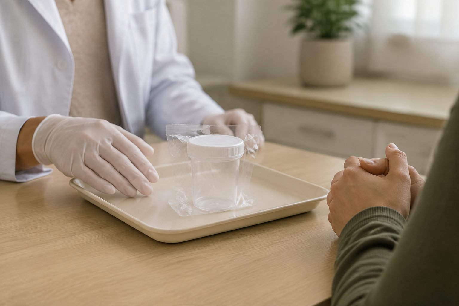 Preparación de un recipiente de recogida de muestras respiratorias; escena ilustrativa