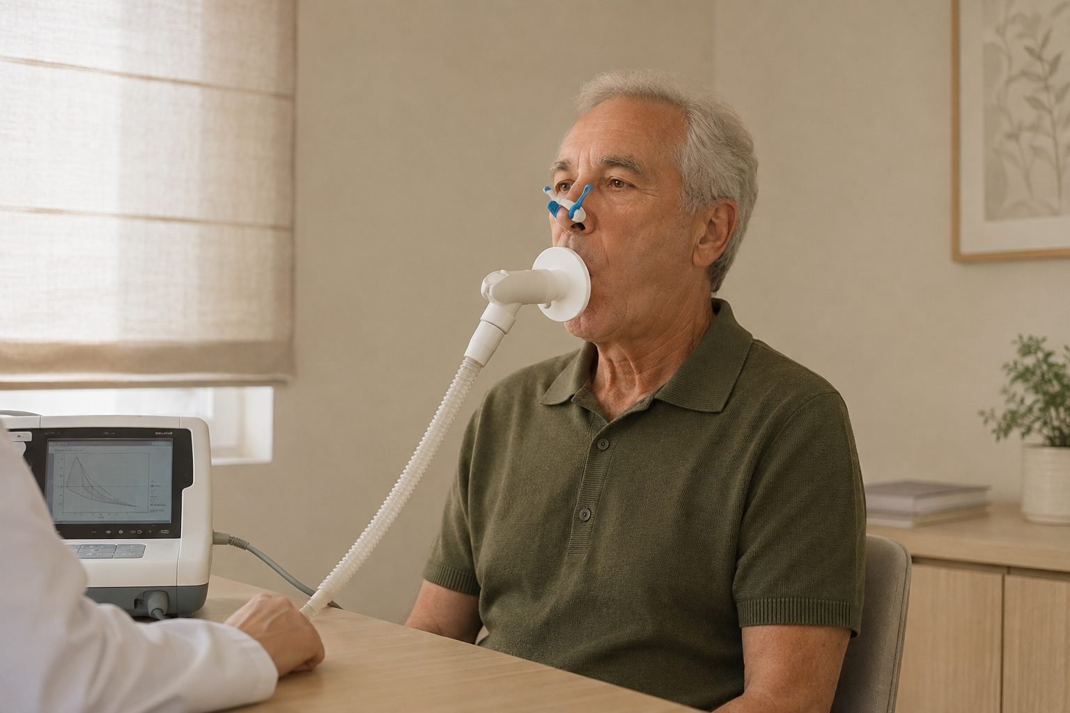 Adulto mayor durante una prueba de función respiratoria; escena ilustrativa