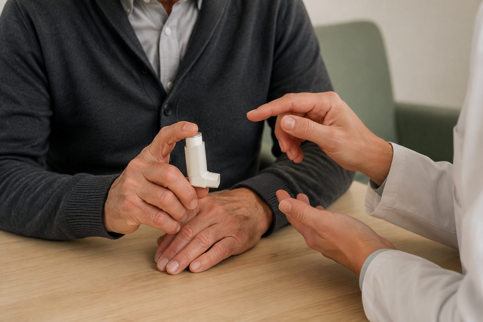 Detalle de la explicación del uso de un dispositivo inhalador; escena ilustrativa