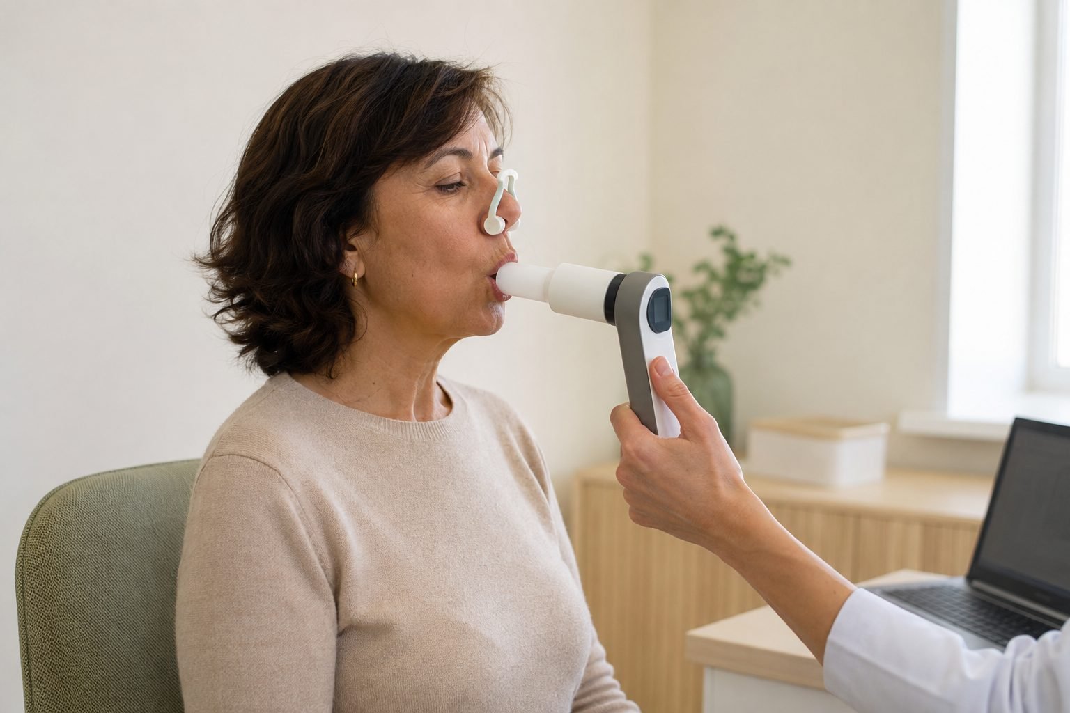 Mujer realizando una espirometría con supervisión profesional; escena ilustrativa