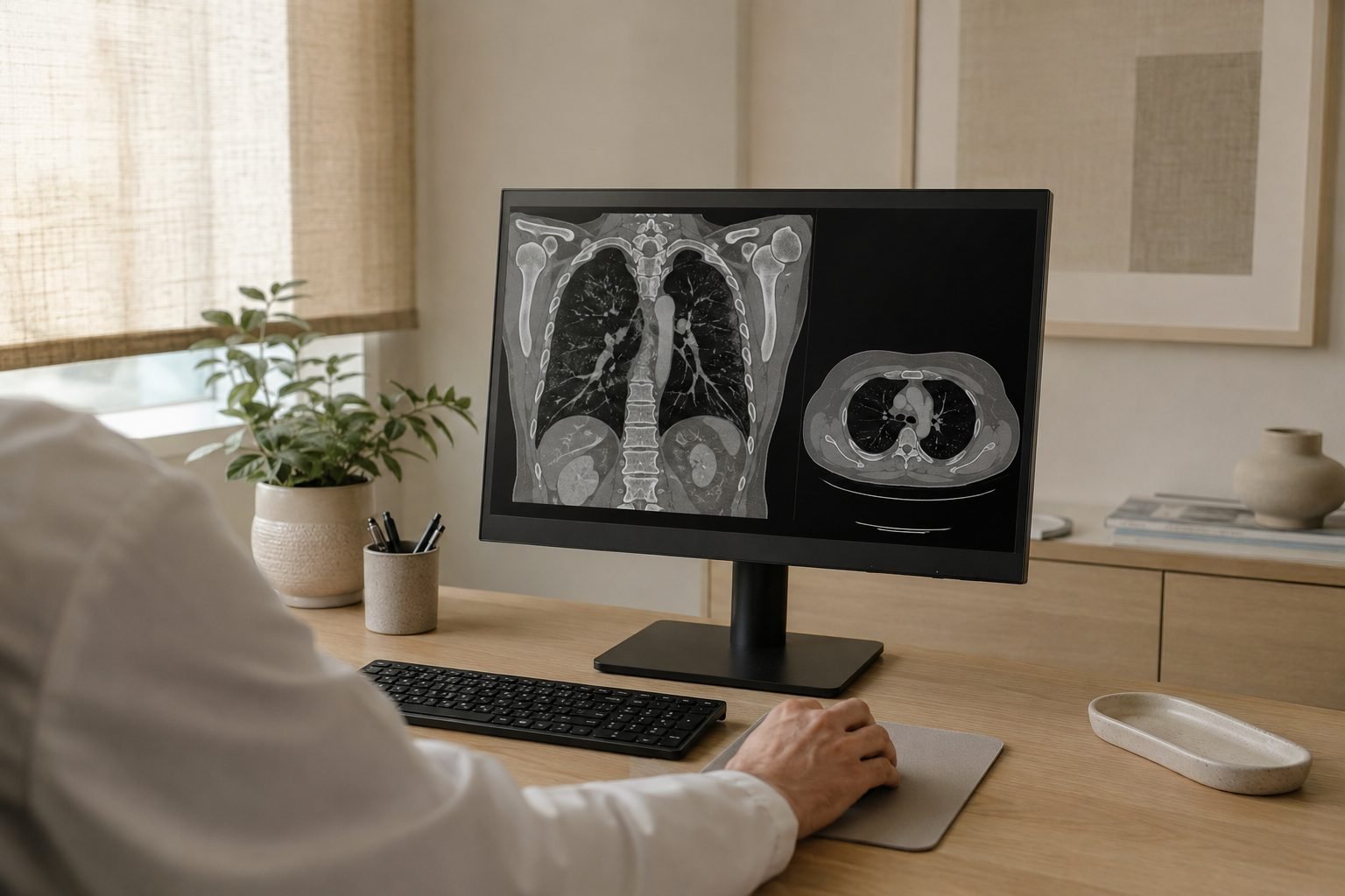 Revisión de un estudio torácico en un monitor; escena ilustrativa
