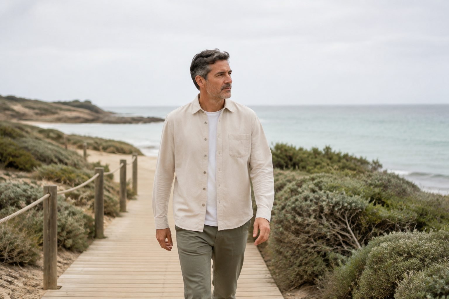 Hombre caminando junto al mar; escena ilustrativa de hábitos cotidianos saludables