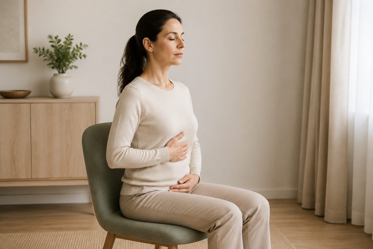 Mujer sentada durante una práctica de respiración tranquila; escena ilustrativa