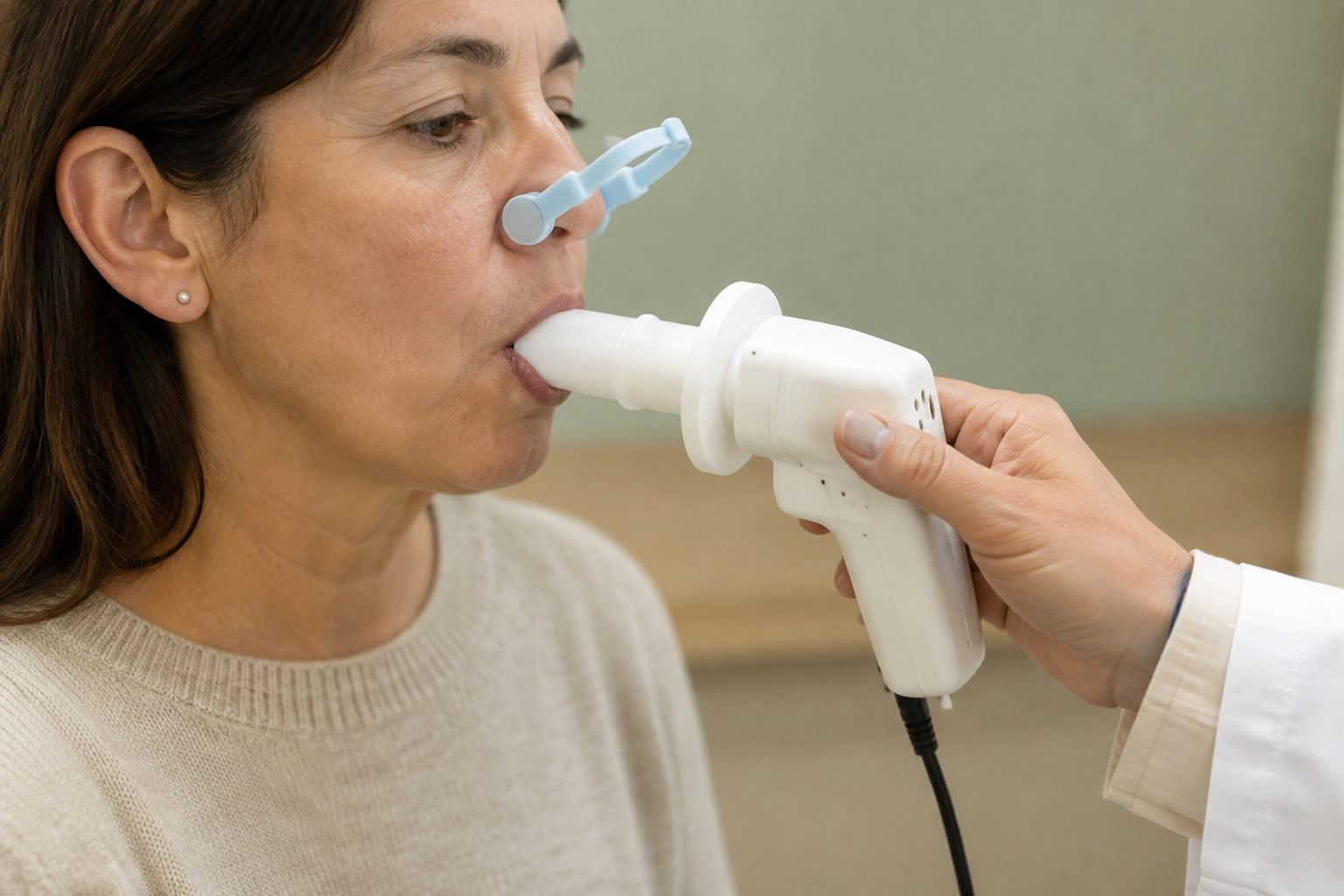 Detalle de una prueba respiratoria con boquilla desechable; escena ilustrativa