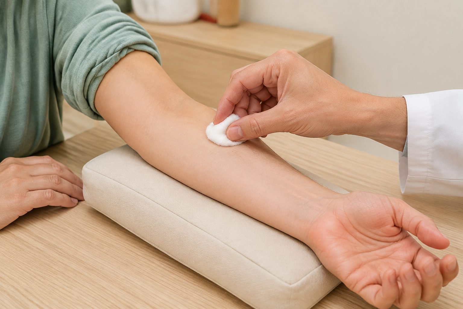 Exploración suave de la sensibilidad en el antebrazo; escena ilustrativa