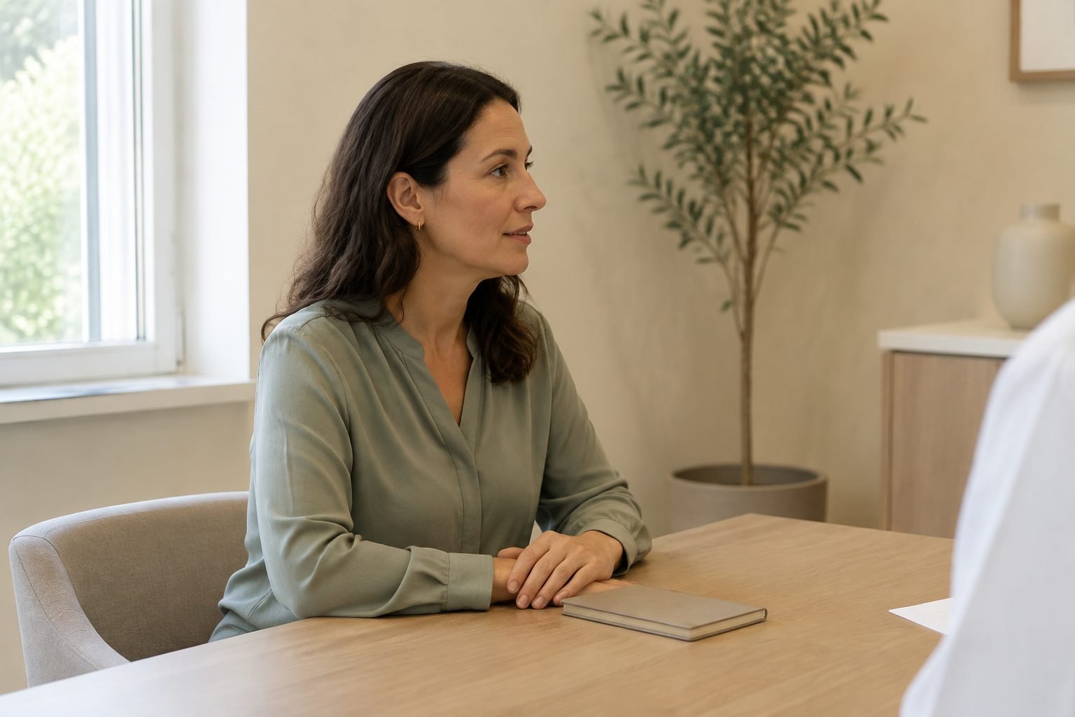 Mujer conversando durante una valoración clínica en consulta; escena ilustrativa