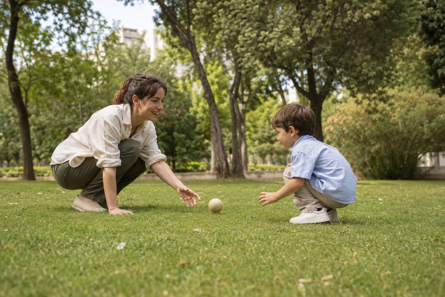 Madre jugando a la pelota con su hijo en el césped de un parque; escena ilustrativa