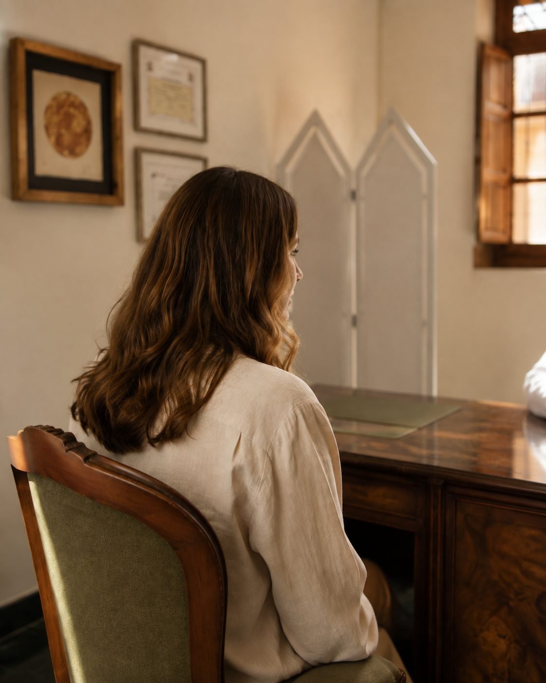 Paciente en un encuadre lateral y de perfil discreto durante una conversación en consulta; del médico solo se aprecia parte de la bata; escena generada