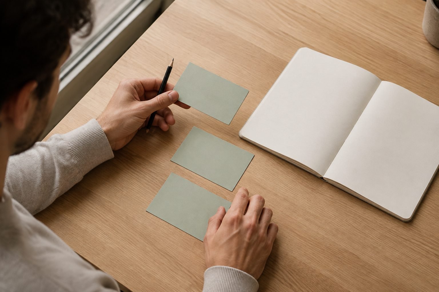 Organización de tareas con un cuaderno y separadores; escena ilustrativa